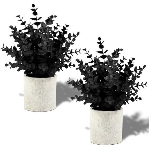 2 Pack Black Fake Eucalyptus Small Fake Plants Potted Artificial Plants for Halloween Decorations Shelf Desk Home Farmhouse Room Coffee Table Decor Black Bathroom Decor (Black)