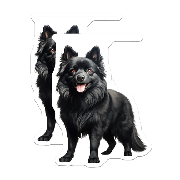(2 Pack) Black Fluffy Dog Stickers - Happy Schipperke Pomeranian Pet Decal - Spitz Dog Lover Accessory - Animal Owner - 5" On Longest Side - Sticks to Smooth Flat Surfaces - Made in USA - BMCS27083