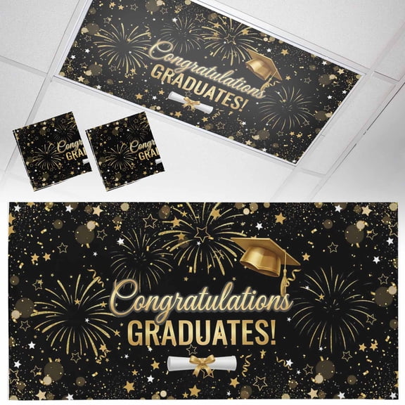 2 Pack Black Gold Graduation Cap Fluorescent Light Covers for Ceiling Lights Graduates Celebration Fireworks Classic Magnetic Ceiling Light Covers Overhead Light Filters for Office Classroom Home