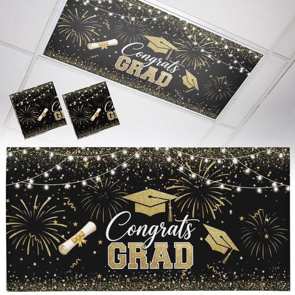 2 Pack Black Gold Graduation Cap Fluorescent Light Covers for Ceiling Lights Graduates Celebration Fireworks Festive Magnetic Ceiling Light Covers Overhead Light Filters for Office Classroom Home