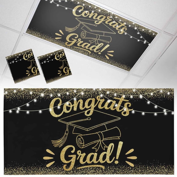 2 Pack Black Gold Graduation Cap Fluorescent Light Covers for Ceiling Lights Sequins Light Festive Celebration Magnetic Ceiling Light Covers Overhead Light Filters for Office Classroom Home