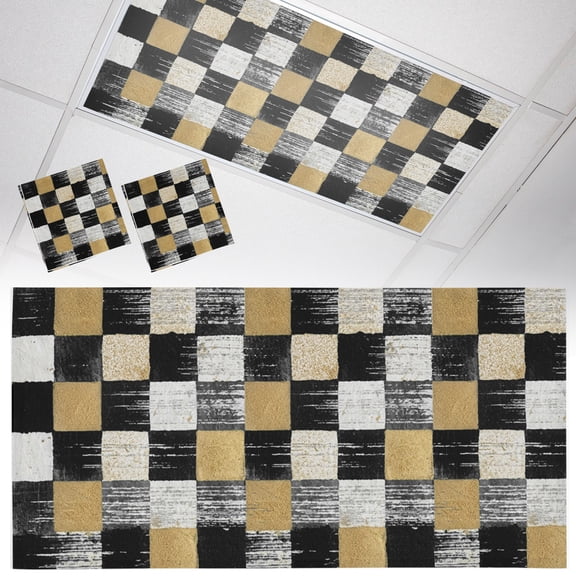 2 Pack Black Gold Mosaic Fluorescent Light Covers for Ceiling Lights Rustic Abstract Checkerboard Grids Magnetic Ceiling Light Covers Overhead Light Filters for Office Classroom Home