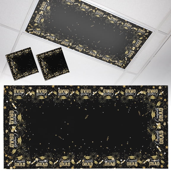 2 Pack Black Graduation Cap Fluorescent Light Covers for Ceiling Lights Gold Stars Academic Diploma Interactive Magnetic Ceiling Light Covers Overhead Light Filters for Office Classroom Home