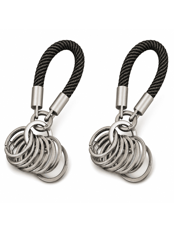 2 Pack Black Gunmetal 8-Ring Keychain Organizers with Braided Loops, Multi Split Ring Key Holders for Car, Home and Office Keys