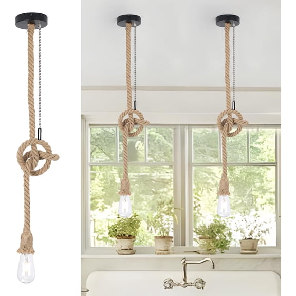2-Pack Black Hemp Rope Pendant Light, Rustic Ceiling Light with Pull Chain & Adjustable Height, Vintage Boho Hanging Light for Kitchen Island, Hallway, Bedroom E26 BaseNo Bulbs
