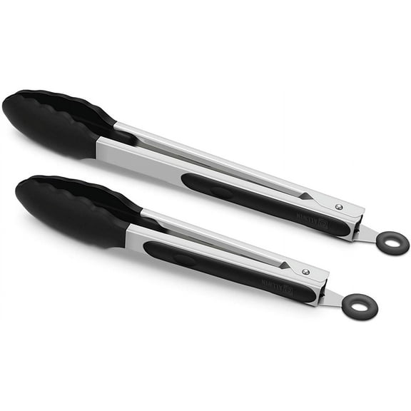 2 Pack Black Kitchen Tongs, Premium Silicone BPA Free Non-Stick Stainless Steel BBQ Cooking Grilling Locking Food Tongs, 9-Inch & 12-Inch