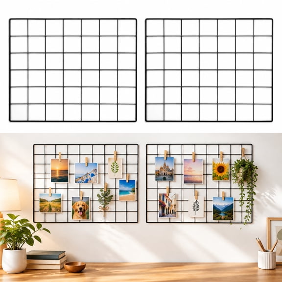 2-Pack Black Metal Grid Wall Panels, Photo Display and Wall Organizer