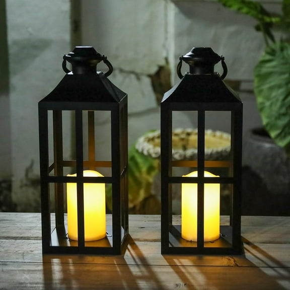 2 Pack Black Metal Lantern with LED Candle, Battery Operated, 17.7 Inch Tall Decorative Candle Holder, for Indoor and Outdoor Use, Perfect for Home Décor, Weddings, Parties, and Holiday