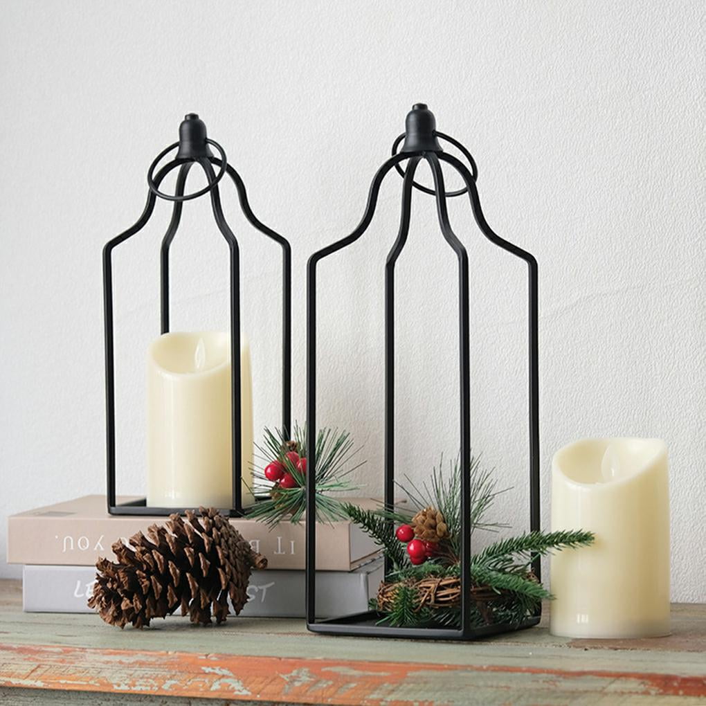 2 Pack Black Metal Lanterns for Indoor Outdoor Fireplace Mantel Table Christmas Decoration Modern Farmhouse Living Room Decor(Without Candles)