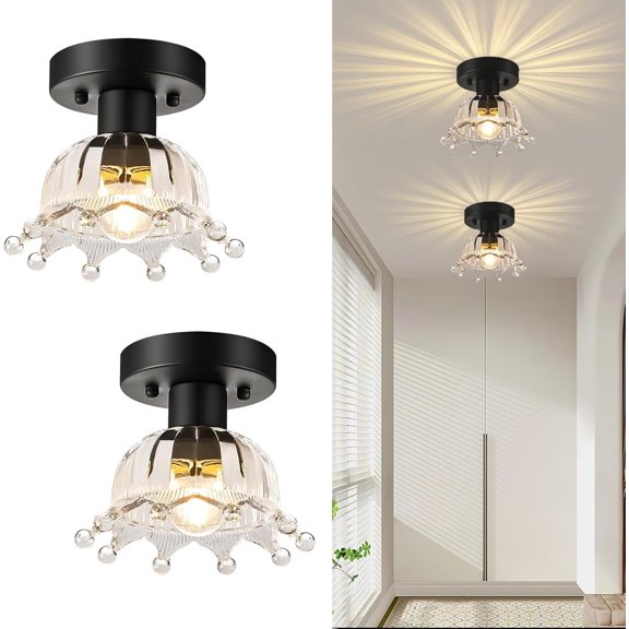 2 Pack Black Modern Ceiling Light, Glass Semi Flush Mount Ceiling Light, Small Kitchen Light Fixtures for Hallway, Foyer, Entryway, Laundry Room