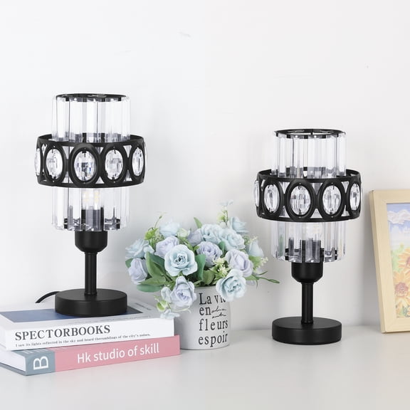2-Pack Black Oval Crystal Table Lamps - Decorative Crystal Shade Lamps for Bedroom & Living Room