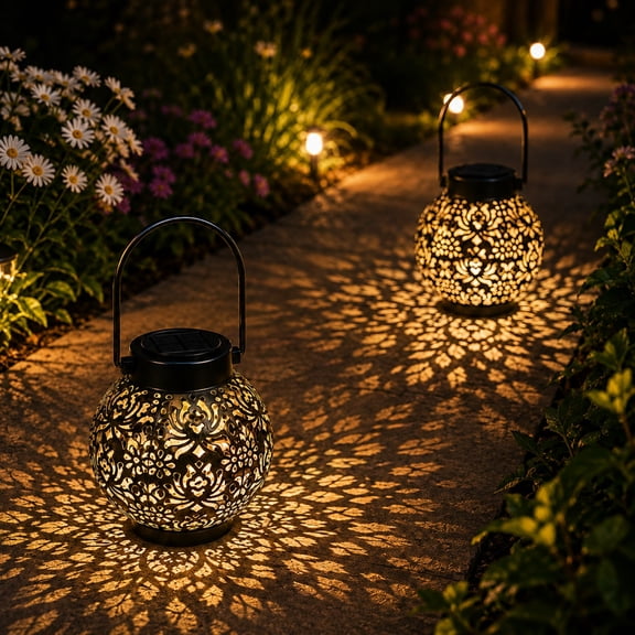 2 Pack Black Peony Solar Lanterns Outdoor, Colorful LED Metal Garden Lights, Decorative Hanging Lanterns with Auto On/Off, Solar Powered Tabletop Lights for Patio Yard Porch Pathway Decor
