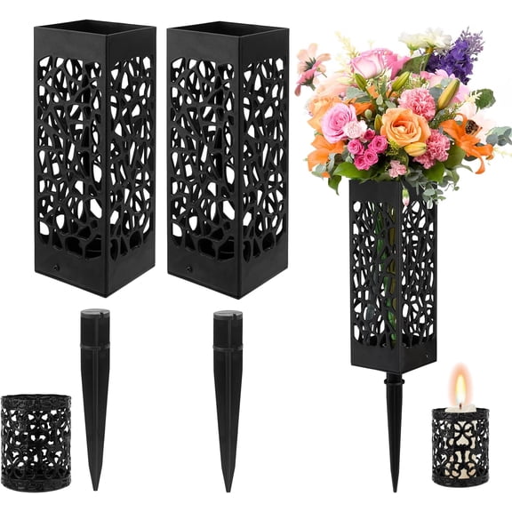 2 Pack Black Plastic Cemetery Vases with Drainage Holes Memorial Flower Holder for Grave Markers - Floral Vase with Hollow Candle Holder