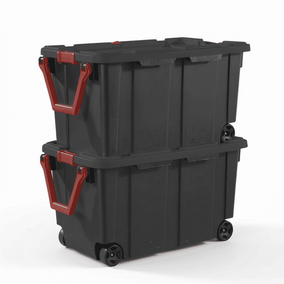 2 Pack Black Rolling Storage Totes with Red Handles and Lids, Stackable Utility Bins with Wheels for Garage Closet Organization