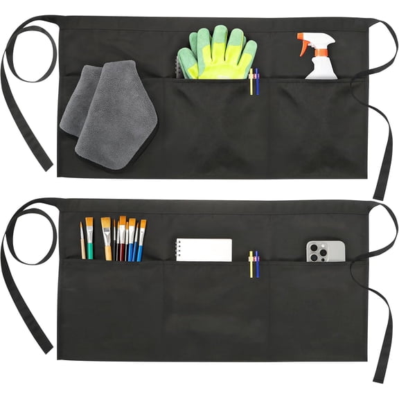 2-Pack Black Server Aprons with 3 Pockets, Adjustable Water-Resistant Waist Half Apron for Waitress & Bartender