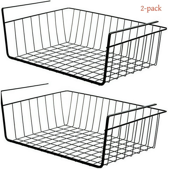 2 Pack Black Under Shelf Wire Basket Hanging Storage Baskets, Under Cabinet Add-on Storage Racks Slide-in Baskets Organizer for Kitchen Pantry Desk Bookshelf