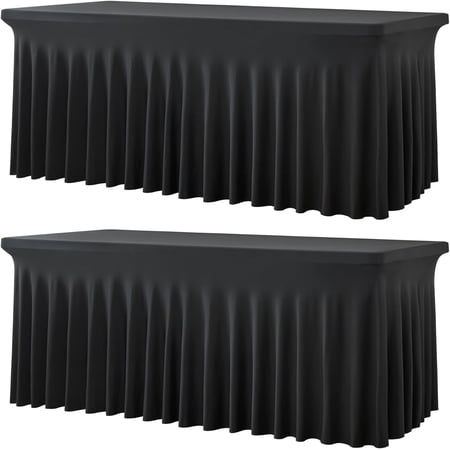 2 Pack Black Spandex Tablecloths for 4 Foot Rectangle Tables Wrinkle Free Fitted Stretchy Table Covers with Skirt