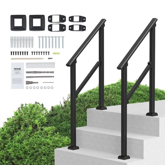 2-Pack Black Steel Handrail for 3 Outdoor Steps, Easy Installation Safety Railing Kit for Concrete Porch and Deck Stairs