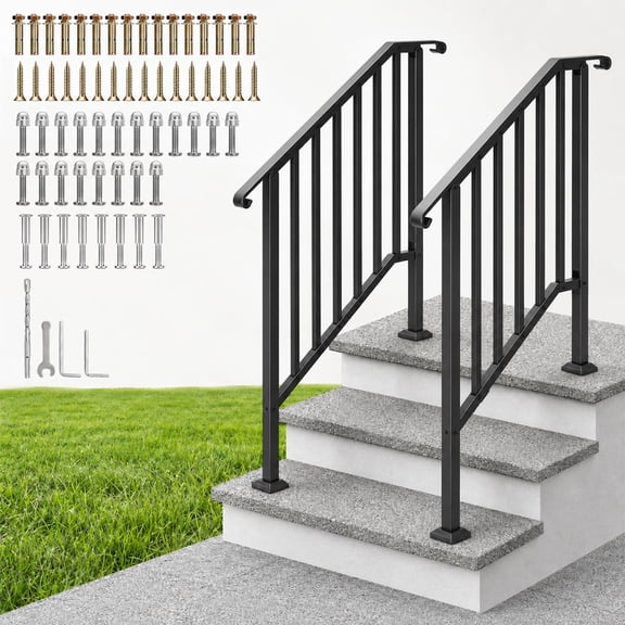 2-Pack Black Steel Handrails for Outdoor Steps, Heavy-Duty Stair Railing for Porch Deck Entry with Weather-Resistant Finish, 3 Step