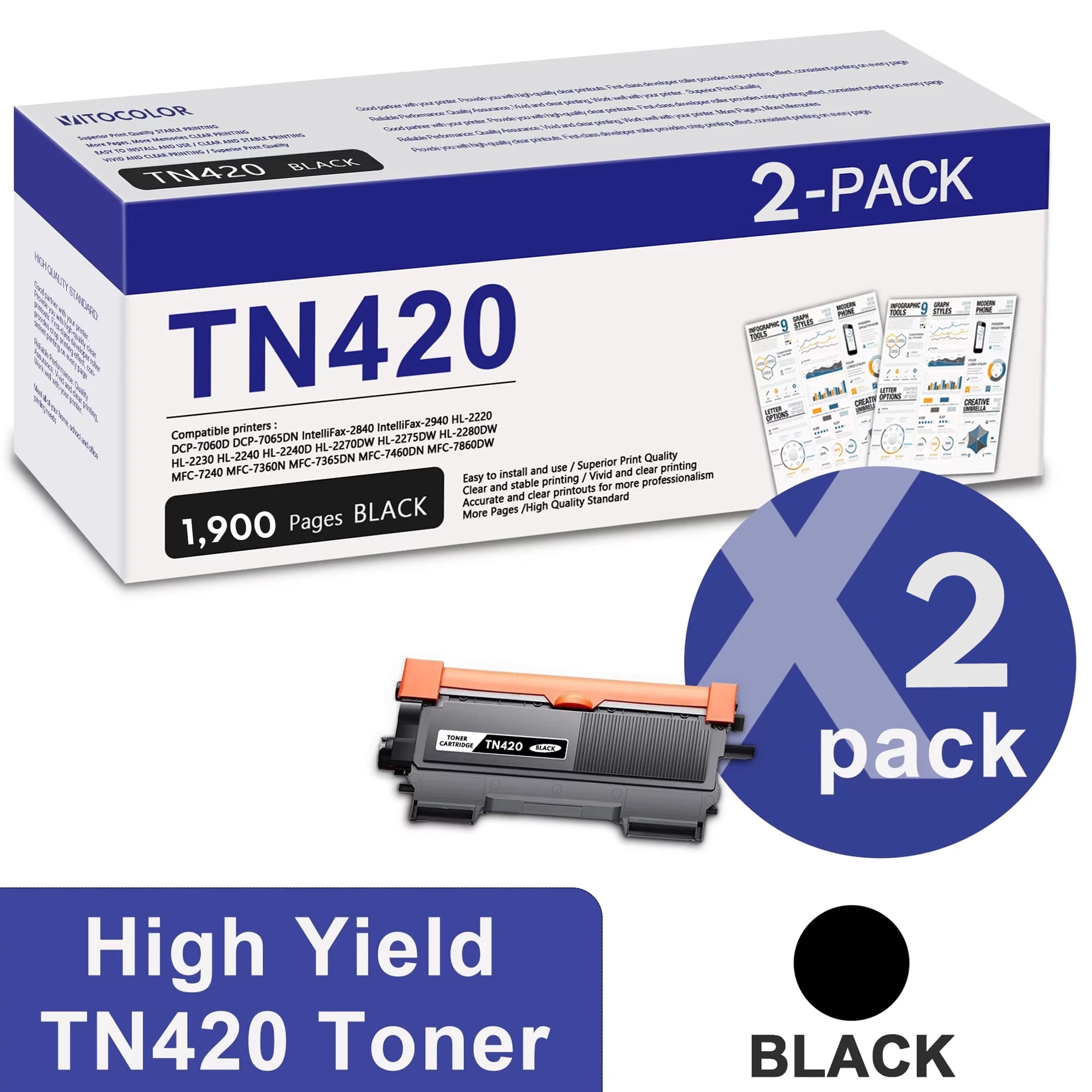 2 Pack Black TN420 TN420 Toner Cartridge Replacement for Brother TN