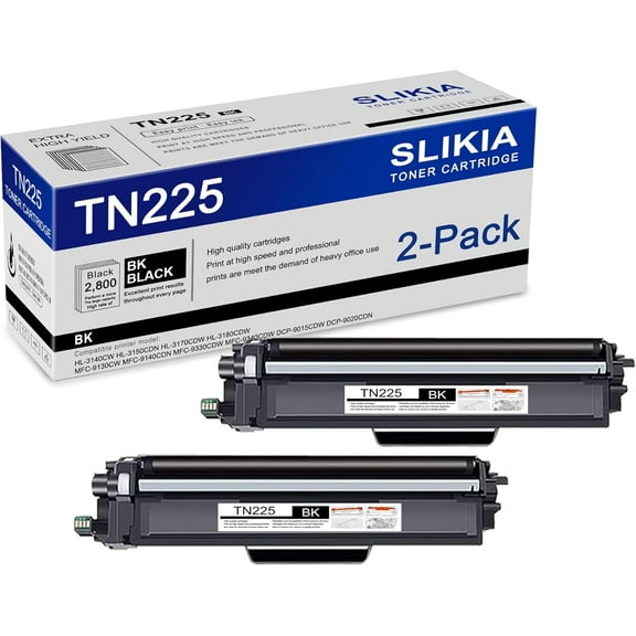 2-Pack Black TN225 Toner Cartridge: Compatible TN225 TN-225 Replacement for Brother HL-3140CW 3150CDN 3170CDW 3180CDW MFC-9130CW 9140CDN 9330CDW 9340CDW DCP-9015CDW 9020CDN Printer