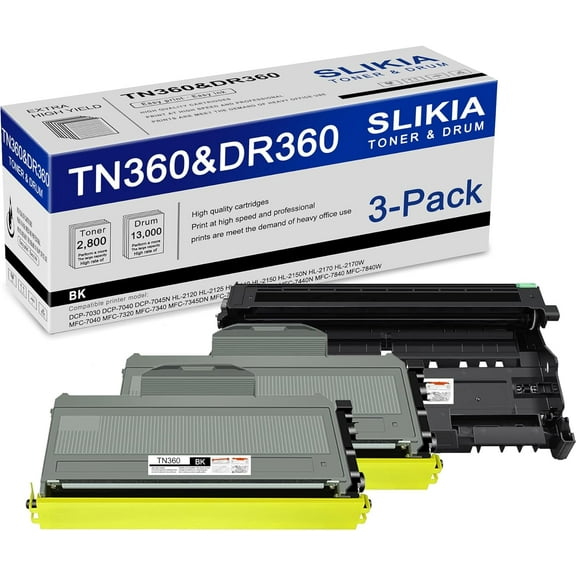 2 Pack Black TN360 Toner Cartridge and 1 Pack Black DR360 Drum Unit: Compatible TN360 DR360 Replacement for Brother DCP-7030 7040 7045N HL-2120 2125 2140 2150N 2170W MFC-7040 7320 7340 7840W Printer