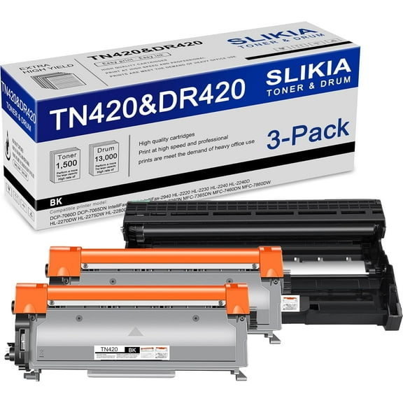 2 Pack Black TN420 Toner Cartridge and 1 Pack Black DR420 Drum Unit: Compatible TN420 DR420 Replacement for Brother DCP-7060D 7065DN IntelliFax-2840 2940 HL-2220 2240D 2270DW MFC-7240 7860DW Printer