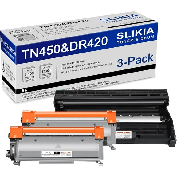 2 Pack Black TN450 Toner Cartridge and 1 Pack Black DR420 Drum Unit: Compatible TN450 DR420 Replacement for Brother DCP-7060D 7065DN IntelliFax-2840 2940 HL-2220 2240D 2270DW MFC-7240 7860DW Printer