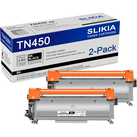 2-Pack Black TN450 Toner Cartridge: Compatible TN450 TN-450 Replacement for Brother DCP-7060D 7065DN IntelliFax-2840 2940 HL-2220 2240D 2270DW 2280DW MFC-7240 7360N 7365DN 7460DN 7860DW Printer