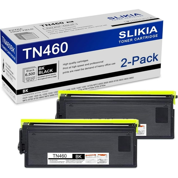 2-Pack Black TN460 Toner Cartridge: Compatible TN460 TN-460 Replacement for Brother DCP-1200 1400 HL-1230 1240 1470N 8300 MFC-9650 9700 9750 9800 9870 9880 P2500 IntelliFax-4100 4750 4750e Printer
