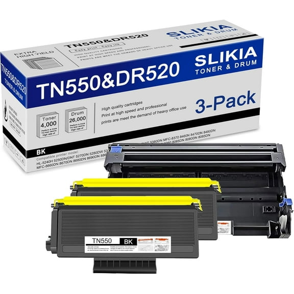 2 Pack Black TN550 Toner Cartridge and 1 Pack Black DR520 Drum Unit: Compatible TN550 DR520 Replacement for Brother HL-5240H 5280DW 5380DN MFC-8370 8470DN 8480DN 8680DN DCP-8060 8065DN 8080DN Printer