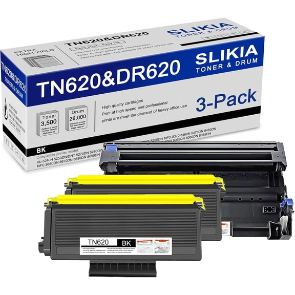 2 Pack Black TN620 Toner Cartridge and 1 Pack Black DR620 Drum Unit: Compatible TN620 DR620 Replacement for Brother HL-5240H 5280DW 5380DN MFC-8370 8470DN 8480DN 8680DN DCP-8060 8065DN 8080DN Printer