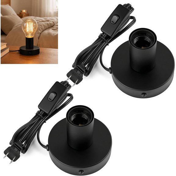 2 Pack Black Table Lamp Base E26 Screw Light Bulb Socket Night Light Base Replacement with 6 Feet Cord On Off Switch