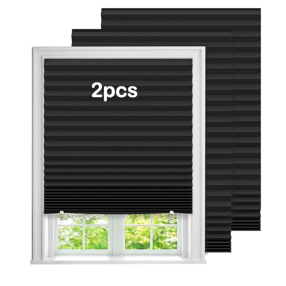 2 Pack Black Temporary Paper Blackout Blinds for Indoor Windows No Drill, 23.6" W x 59" H Adhesive Pleated Shades for Windows Cordless with 2 Clips, Room Darking Shades for Bedroom Bathroom