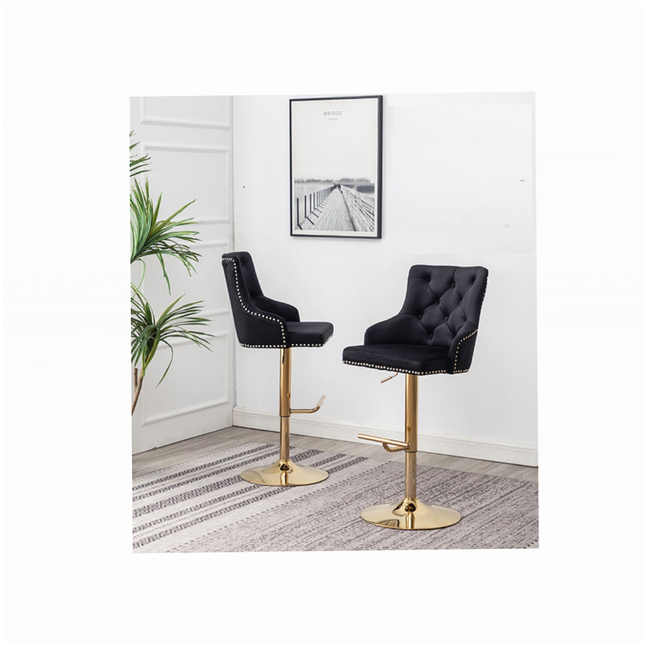 2-Pack Black Velvet Bar Stools with Gold Base, Swivel Adjustable Stools ...