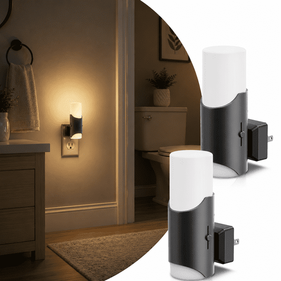 YANSUN 2 Pack Black Cylindrical Night Light with Long & Short Dual Shades, 3000K Warm White, Dimmable 0%-100%, Plug in, Home Decor