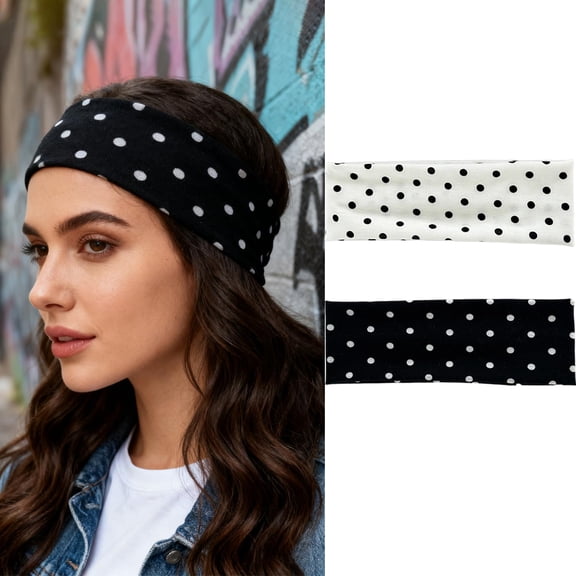 2 Pack Black White Headband Set, Polka Dot Elastic Headbands Cute Hair Accessories Non Slip Fashion Head Bands Retro Design Head Wraps Soft Wide Headband for Women Hair Styling Supplies