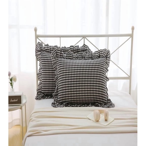 Meaning4 26"X26" Black White Plaid Washed Cotton Euro Pillow Shams with Ruffles 2pack