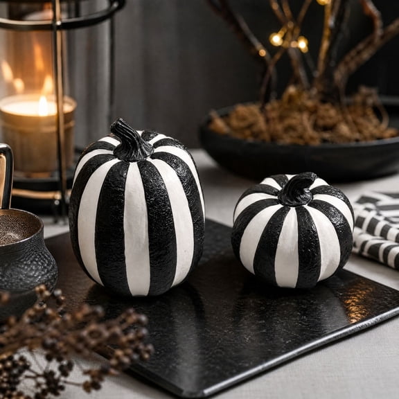 2 Pack Black and White Striped Pumpkin Decor, 7.8 Inch Resin Halloween Ornaments, Modern Farmhouse Fall Centerpiece for Mantel Table Window Display Indoor Outdoor Home Decoration