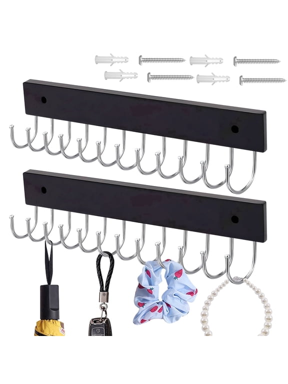 2 Pack Black Wooden Necklace Holder Wall, Wall-Mounted Necklace Hanger with 12 Hooks & Screws, Tangle-Free Jewelry Wall Organizer Rack for Hanging Belt Closet Purse Tie Earring Key