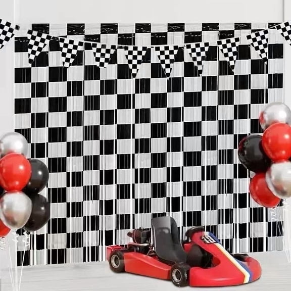 2 Pack Black and White Checkered Foil Fringe Curtain, 3.3x6.6 ft Racing Car Themed Tinsel Backdrop for Birthday Parties, Photo Booths & Events