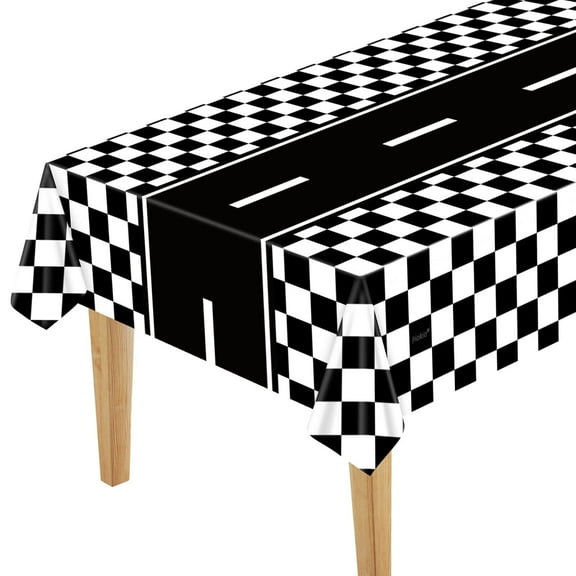Piokio 2 pack Black and White Checkered Plastic Tablecloths, Race Car Theme, Disposable party items (55" x 108")