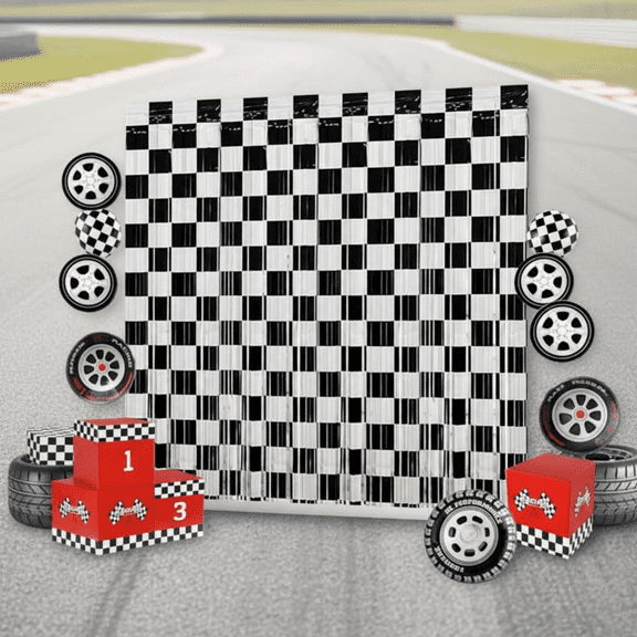 2-Pack Black and White Foil Fringe Curtains Backdrop for Racing Car Theme Birthday Party Decor, Photo Booth Props (3.28x6.56 Ft Each)