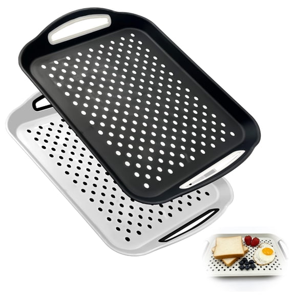 2 Pack Black and White Large Nonslip Serving Trays With Handles For Eating, Entertaining