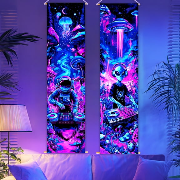 2 Pack Blacklight Astronaut Tapestry Glow in the Dark DJ Music Tapestry UV Reactive Alien Wall Hanging 12.951 Inch with Rope Wooden Rod