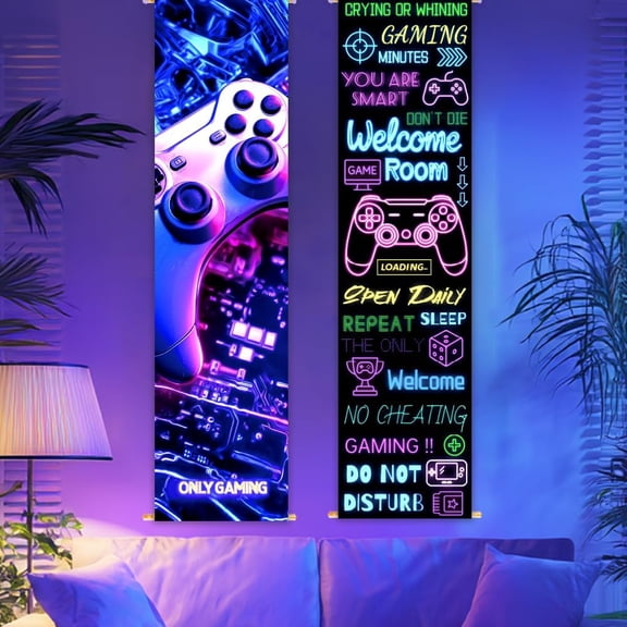 2 Pack Blacklight Gaming Tapestry Glow in the Dark Neon Game Controller Tapestry UV Reactive Wall Hanging 12.951 Inch with Rope Wooden Rod