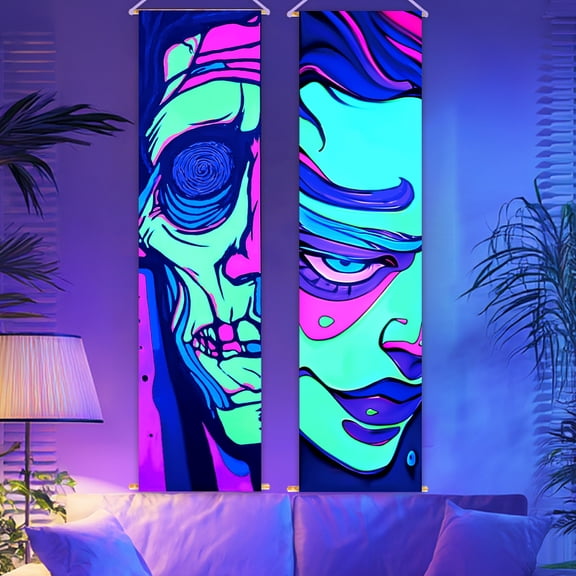 2 Pack Blacklight Tapestry Glow in the Dark Horror Face Tapestry UV Reactive Wall Hanging 12.951 Inch with Rope Wooden Rod