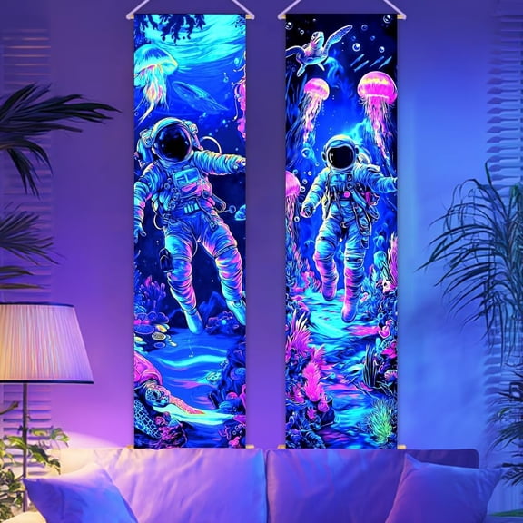 2 Pack Blacklight Underwater Tapestry Glow in the Dark Tapestry UV Reactive Jellyfish Astronaut Wall Hanging 12.951 Inch with Rope