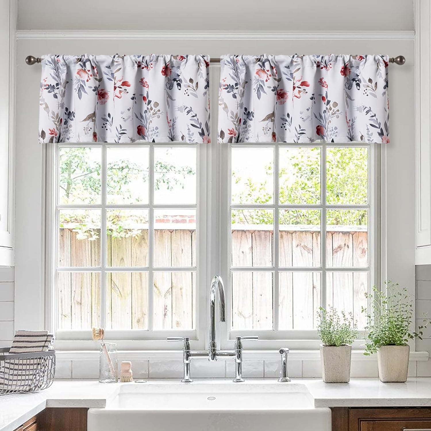 2 Pack Blackout Window Valance, 18 Inches Long Kitchen Window Curtains Over Sink Rod Pocket Pattern Valance for Bathroom Bedroom Living Room, Red & Grey