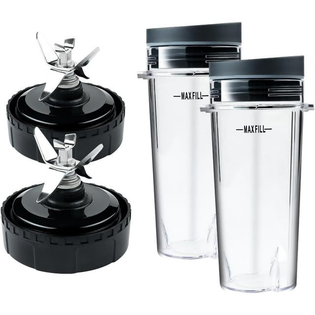 2 Pack Blade Assembly 6 Fins Blender and 2 Single Serve 16 oz Cups Replacement Parts Compatible with Nutri Ninja BL770 BL771 BL772 BL740 BL780 BL660 BL663 Professional Smoothie Blender (3.35 inch)